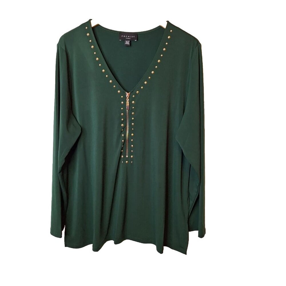 Premise Tunic Top Womens Size 1X Green Long Sleeve Studdedā Zipper Front Stretch